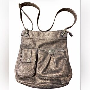 Treviso Chic Brown Metallic Shoulder Bag with outside patches.
